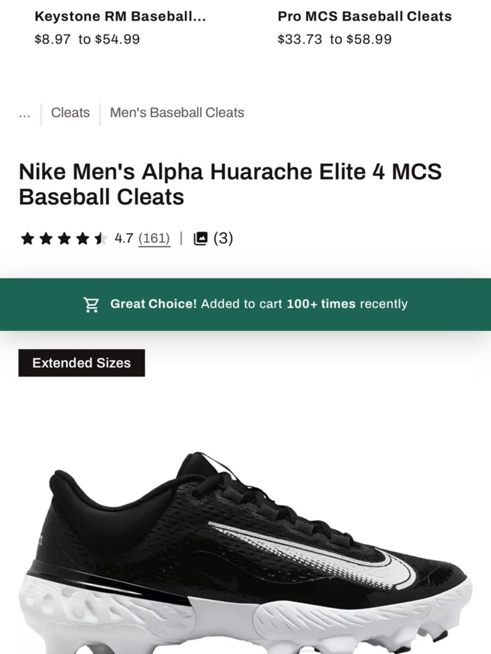 Nike Black and White Alpha Huarache Elite 4 MCS Baseball Cleats